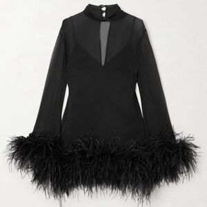 Taller Marmo Gina Black Sheer Feather Trim Mini Dress